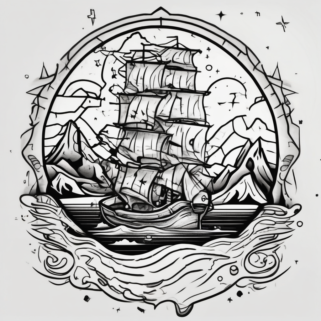 tattoo that has an acacia tree with mountains, ocean with a ship wreck and the northern star half sleeve tattoos for men, AI-generated Cartoon tattoo design